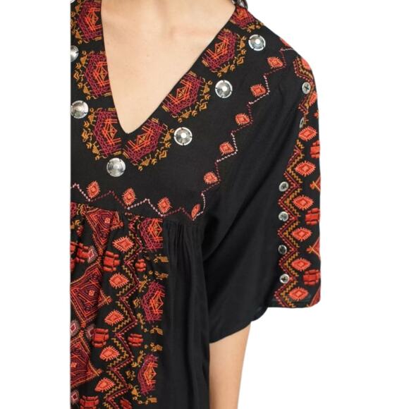 Anthropologie Raga Rala Bohemian Tunic Dress Small Black Embroidered Boho Hippie - Picture 3 of 12